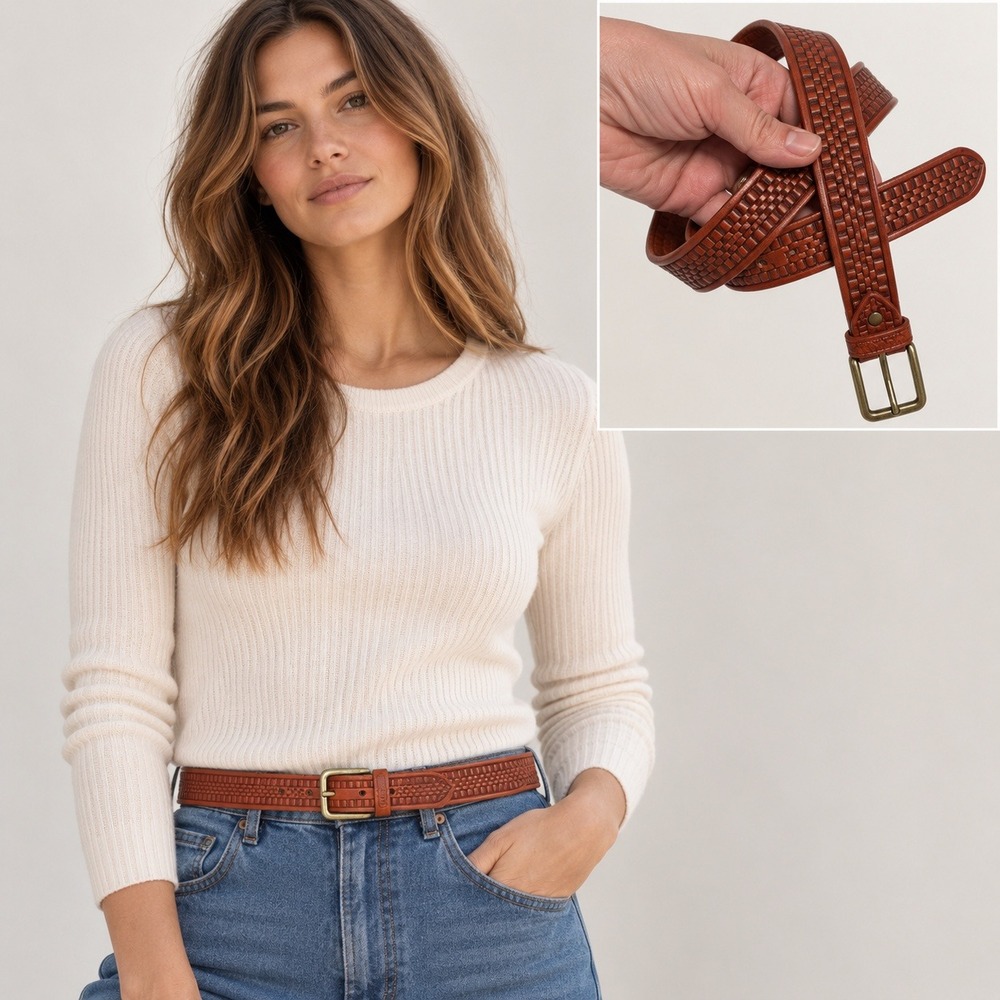 Vintage El Campero‎ Womens Italian Leather Belt Size M Basketweave Western 70s